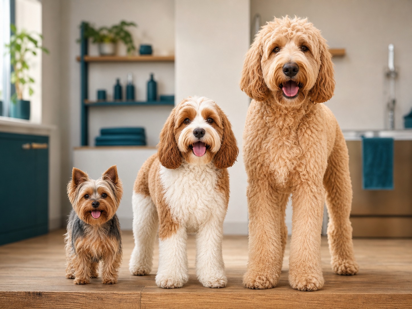 Drie honden van verschillend formaat samen in de trimsalon
