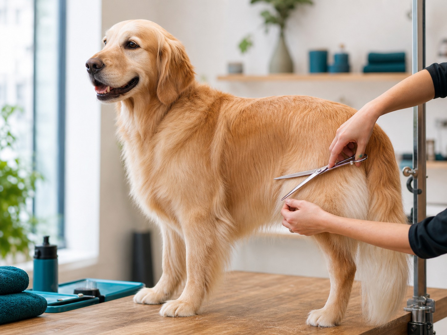 Golden Retriever wordt vakkundig op lengte geknipt in de trimsalon