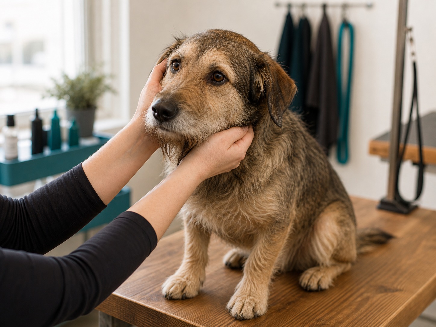 Zachte omgang met angstige hond tijdens trimbeurt