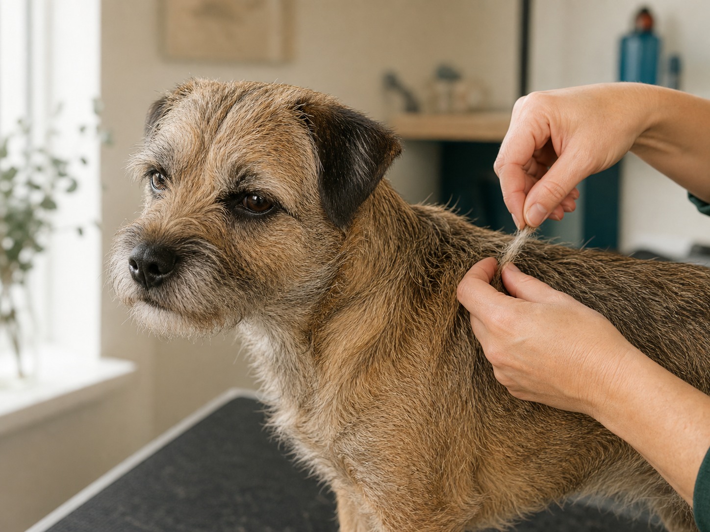 Border Terrier tijdens handmatig plukken van de vacht